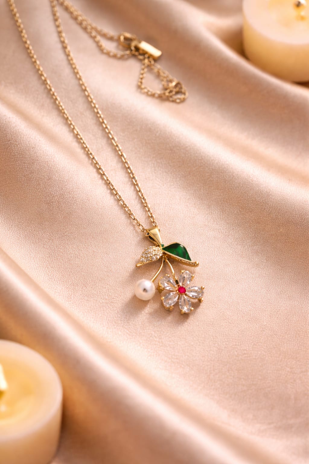 Flower Petal & Pearl Pendant Necklace