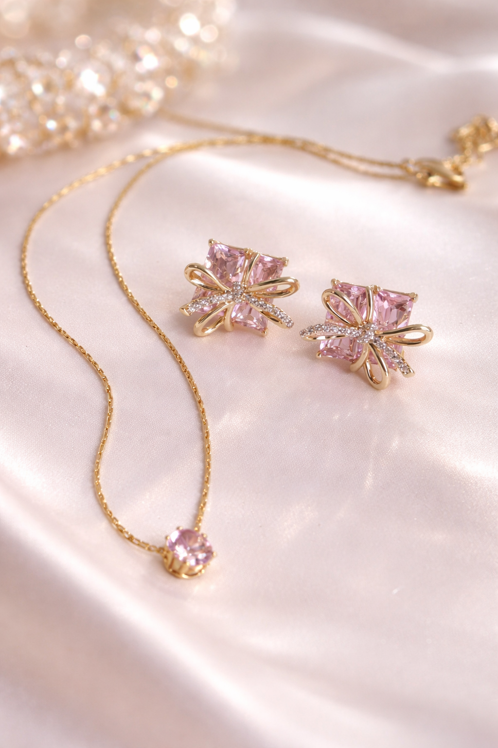 Blush Bow Crystal Studs & Necklace Set