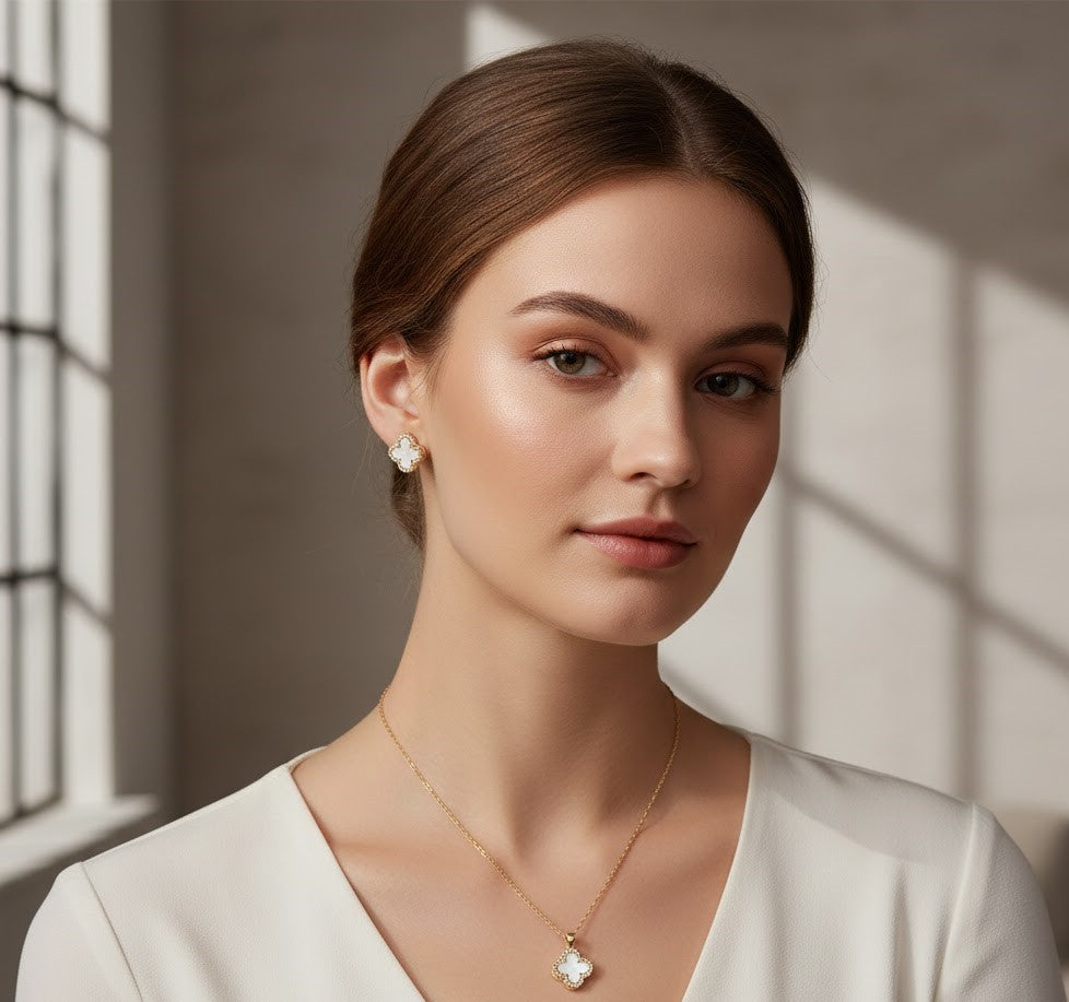 Lucky White Clover Stud Set with Reversible Glitter Pendant