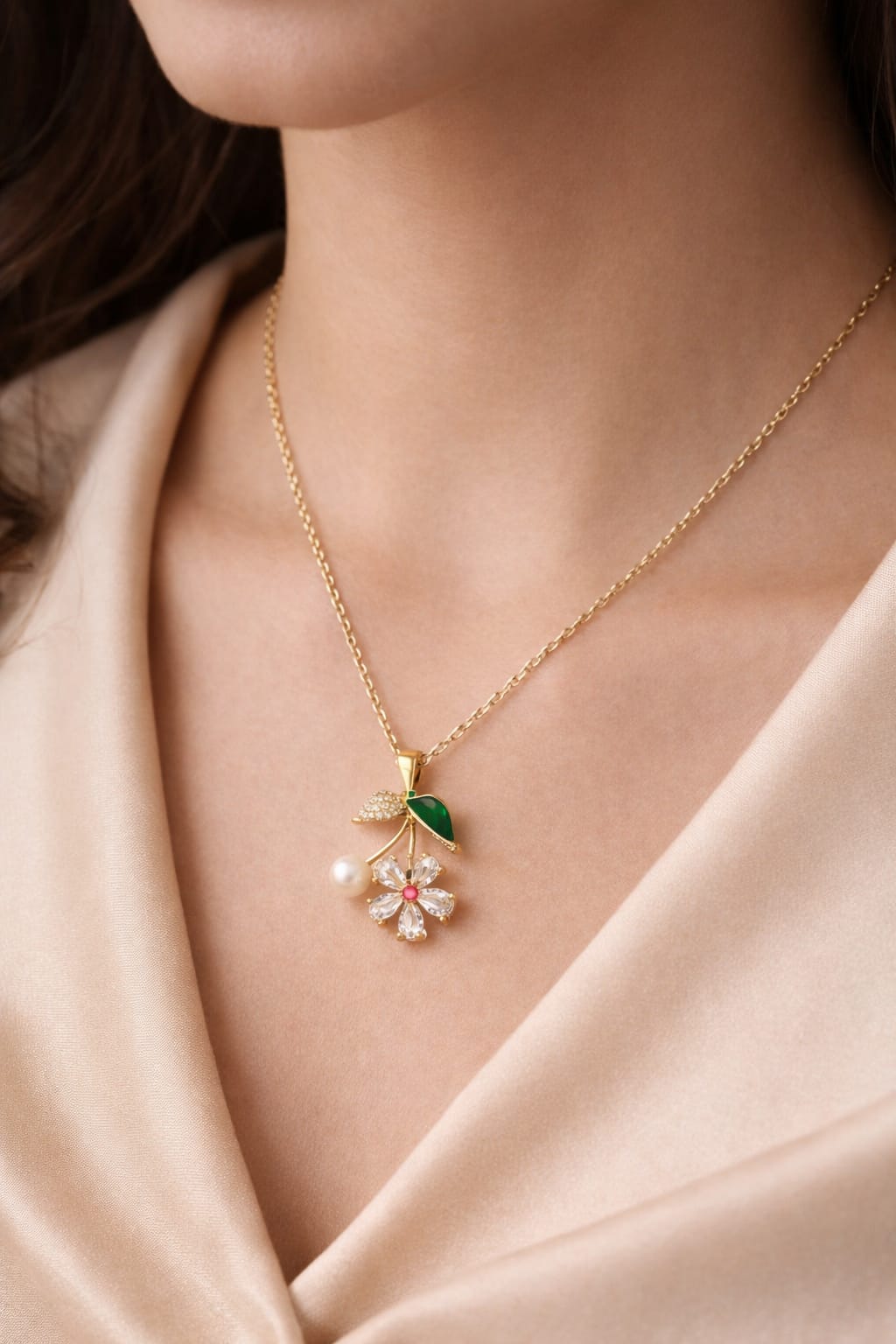 Flower Petal & Pearl Pendant Necklace