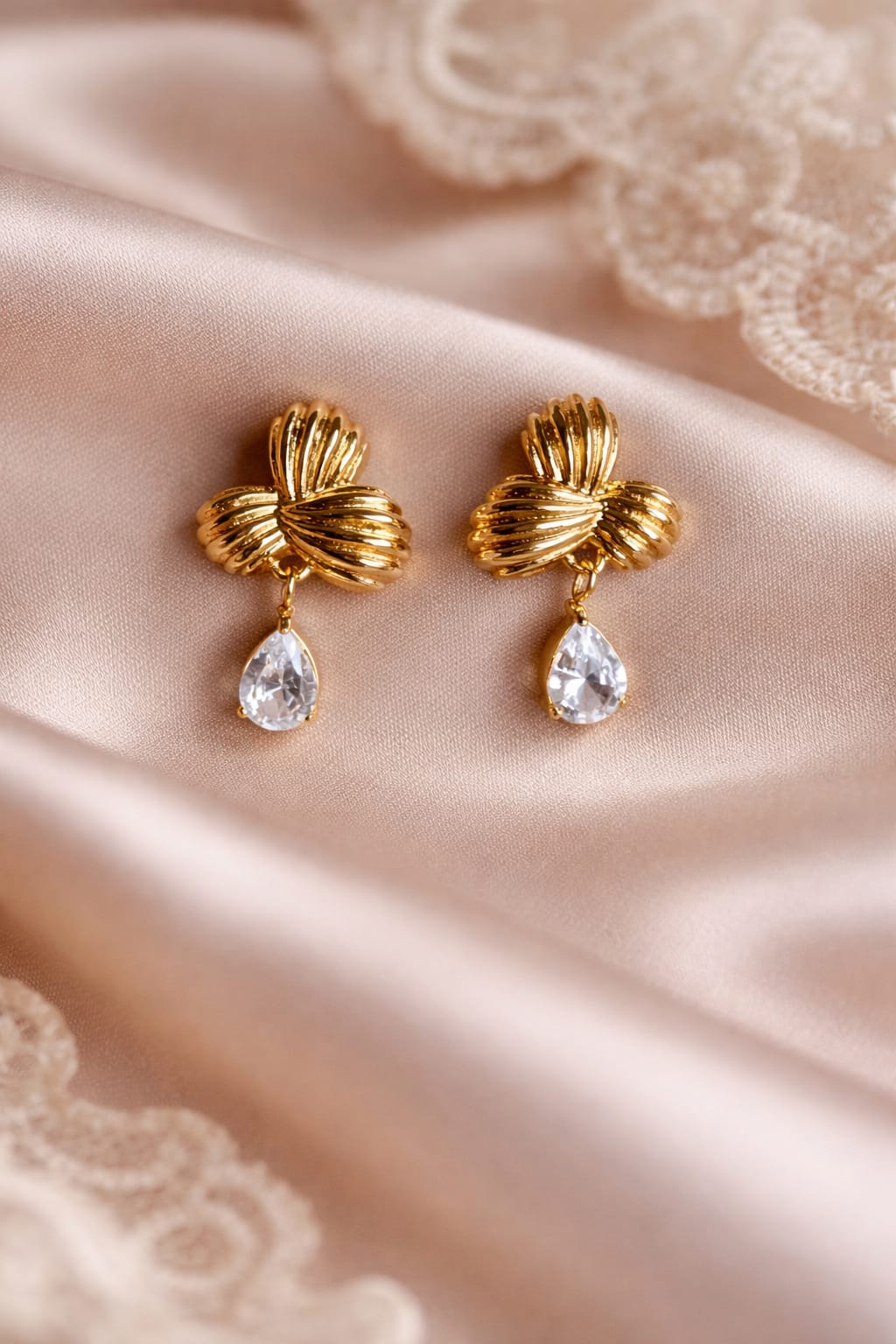 Golden Bloom Drop Stud with Crystal Teardrop