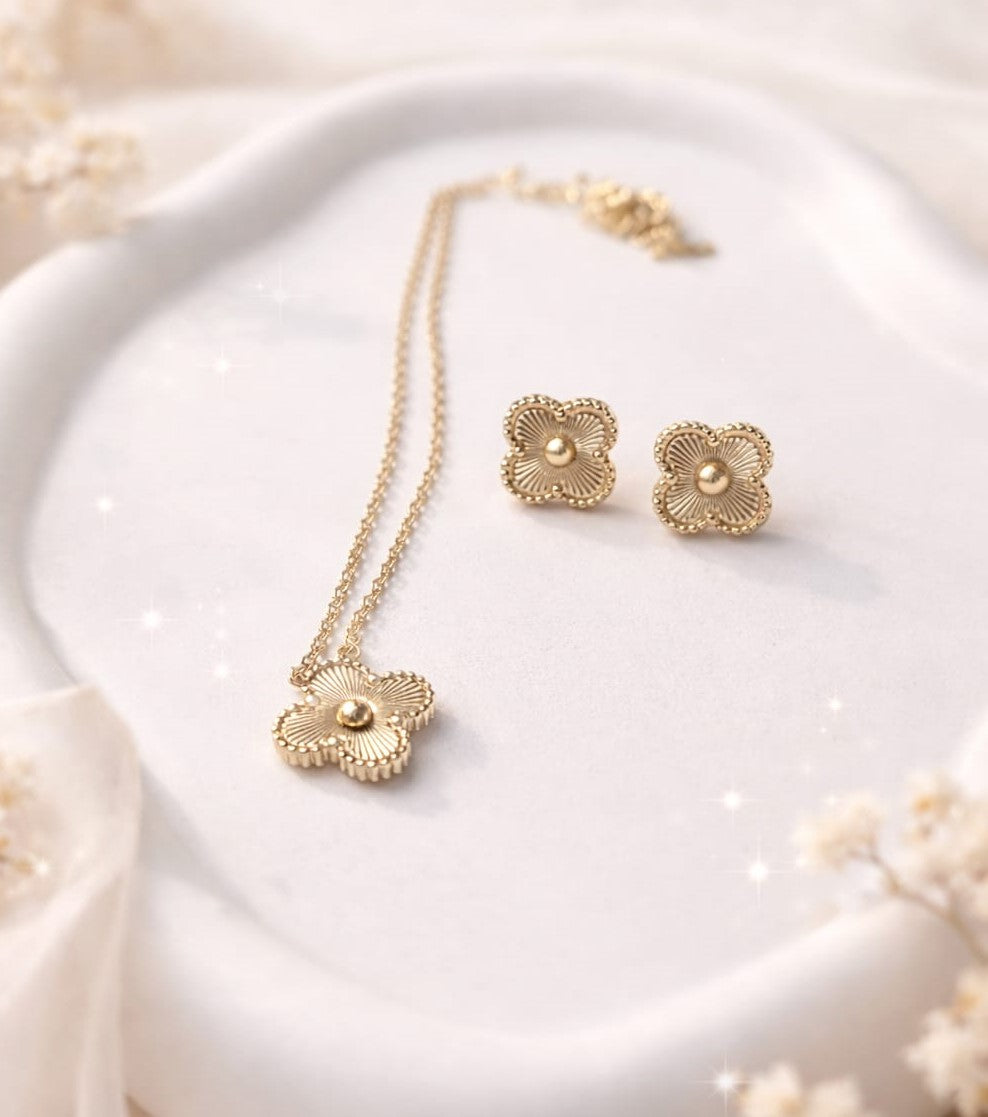 Golden Clover Pendant and Stud Set