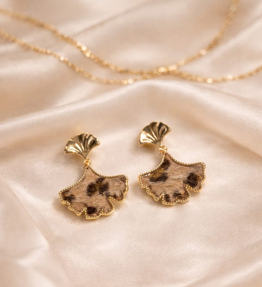 Brown Gold Petal Fur-Finish Statement Earrings