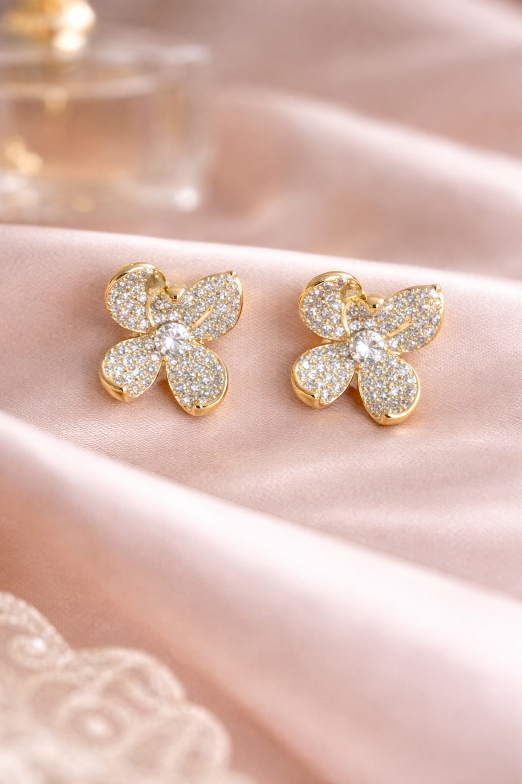 White Crystal Floral Petal Studs