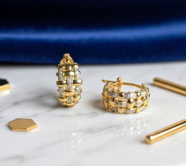 Gold-Tone Crystal Basket Weave Hoop Earrings