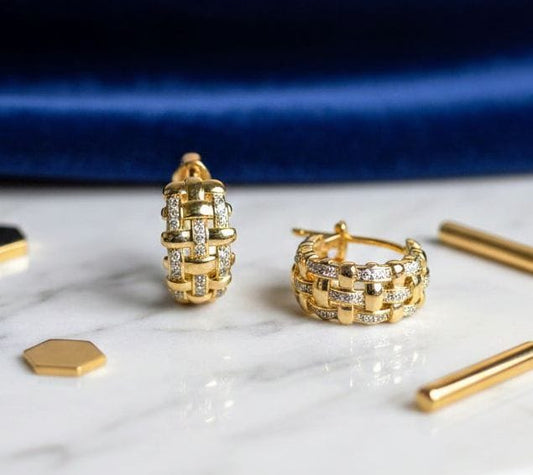 Gold-Tone Crystal Basket Weave Hoop Earrings
