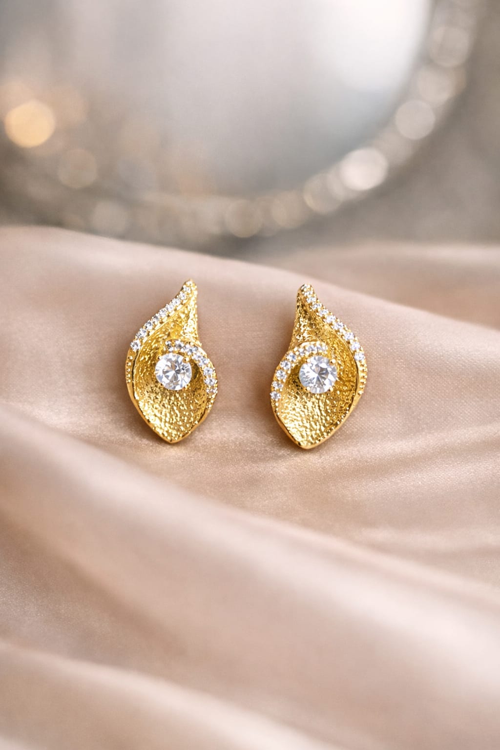 Gold-Tone Leaf Petal Stud Earrings with White Stone Accent