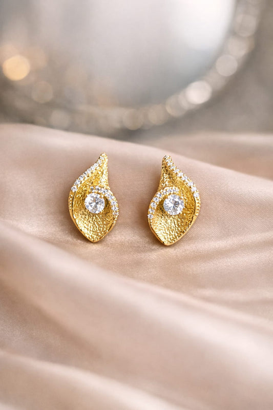 Gold-Tone Leaf Petal Stud Earrings with White Stone Accent