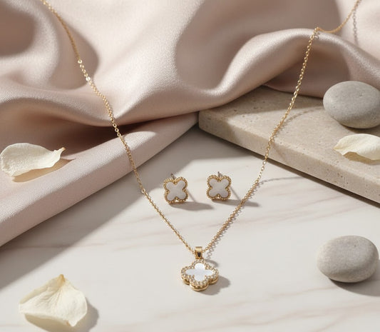 Lucky White Clover Stud Set with Reversible Glitter Pendant