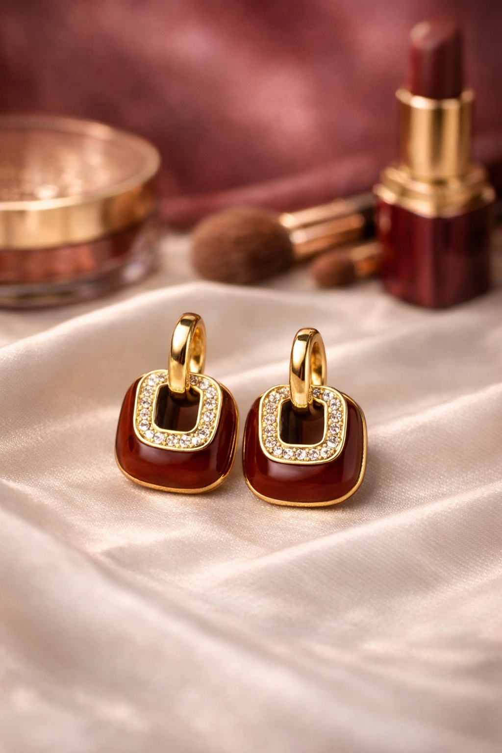 Maroon Enamel Drop Earrings with Crystal Accent