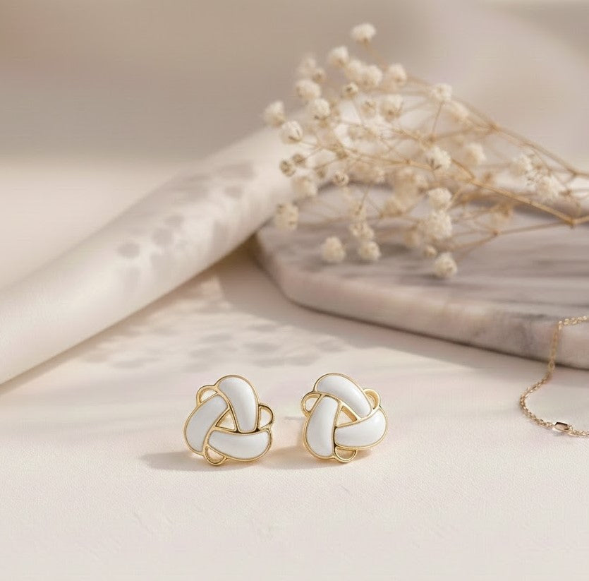 White Enamel Knot Stud Earrings