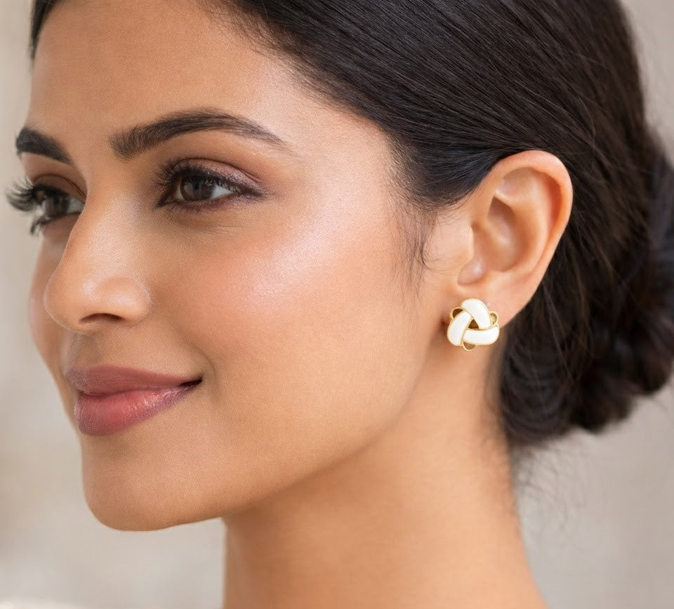 White Enamel Knot Stud Earrings